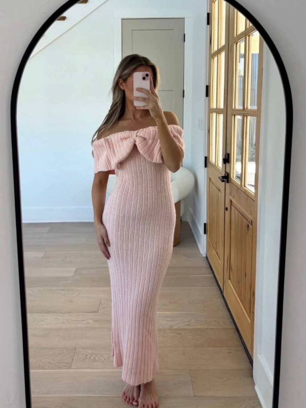 Off-Shoulder Ribbed Knit Maxi Dress - Blush Pink